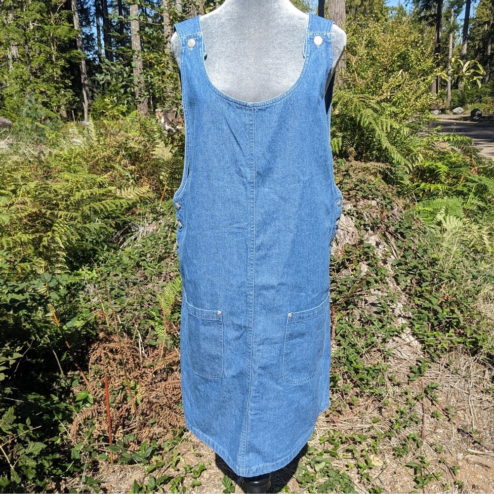 Vintage 90s Denim Overall Jumper Dress XL 100% Cotton Low Armhole Pockets